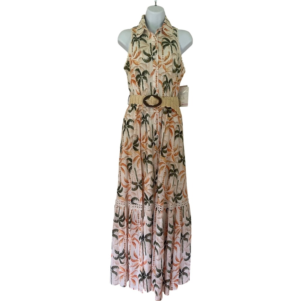 Taylor Womens Palm Tree Print Sleeveless Maxi Dress with Belt 4359MMX Size 6 NEW